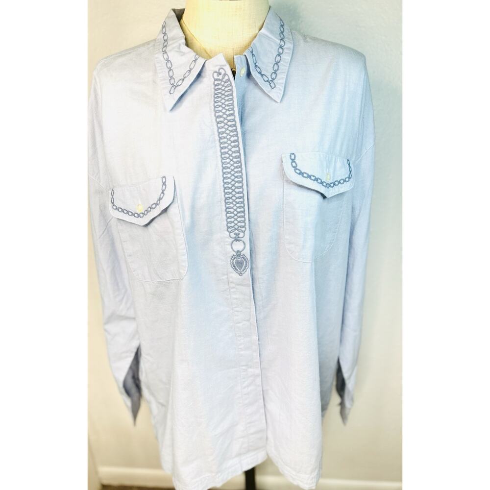 Vtg Blue Button Up With Chain Link & Heart Embroidery Western Cottage Plus 24W - Picture 2 of 7